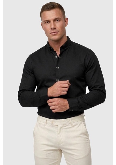 Deepsea Siyah Slim Fit Likralı Kolay Ütülenebilir Gizli Düğmeli Erkek Gömlek 2602614