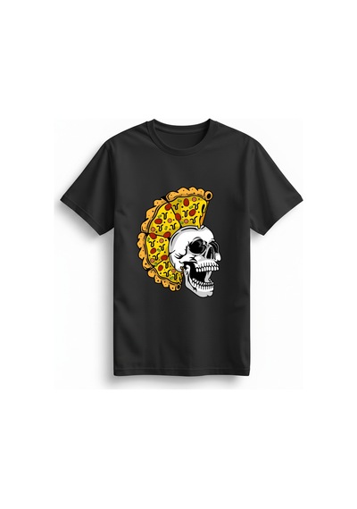 Paybuy Kadın Grafik Baskılı Rahat Kesim Tişört Pizza Kafatası Desenli Kı Siyah