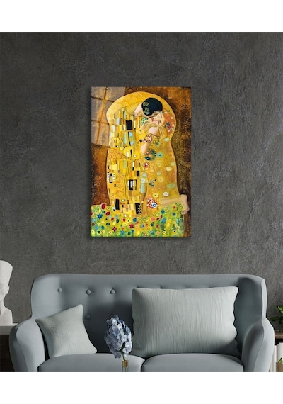 Gustav Klimt Öpücük Cam Tablo Evlika, Ev Ve Ofis Duvar Dekoru, Hediyelik Büyük Temperli 4 Mm Cam Tablo Evlika
