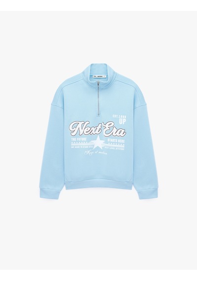 Koton Şardonlu Yarım Fermuarlı Dik Yaka Uzun Kollu Baskılı Sweatshirt Mavi 7wal10202ık