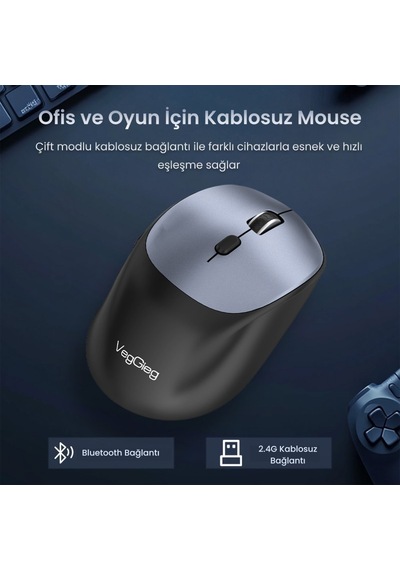 Veggieg VG-G880 Dual-mode Bluetooth 5.3 Ve 2.4ghz 3600dpı Optik Kablosuz Mouse Gri