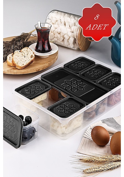 Mithra Life 8 Adet Siyah Kapaklı Kahvaltılık Seti Saklama Kabı Mıt1162 Siyah