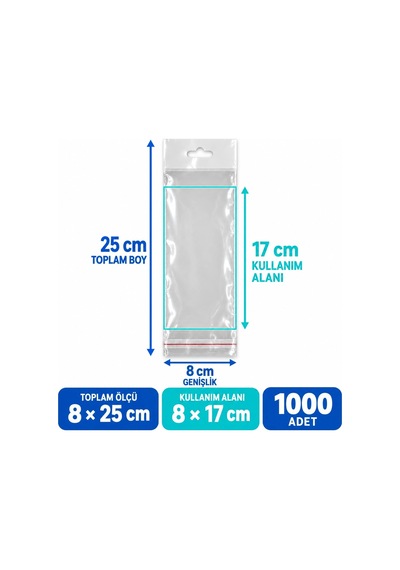 Opp Meksika Askılı Şeffaf Ambalaj Paketi 8x25 Cm 8x17 Cm Net Ku