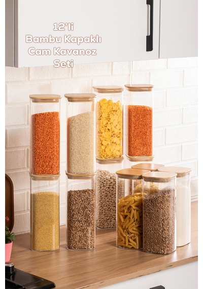 Porsima 7-4 Bambu Vakumlu Kapaklı Kare Borsilikat Cam 12li Kavanoz Seti Saklama Kabı 1900ml 9,5x27cm