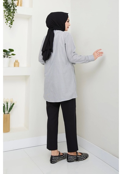 Çizgili Poplin Bağlamalı Gömlek - Siyah / Ü103 Siyah