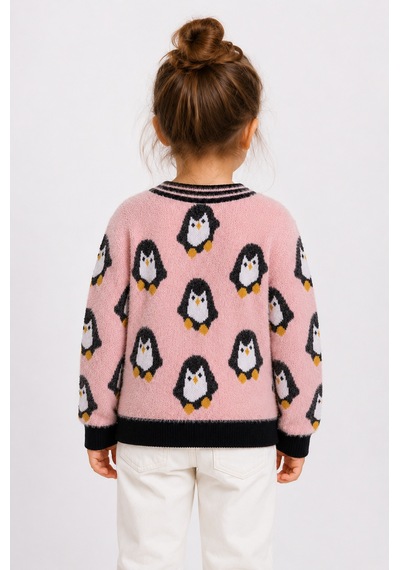 Penguen Desenli Kız Çocuk Kazak 23212 Pembe