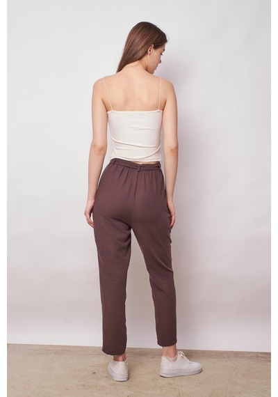 JUMENT Keten Yüksek Bel Pileli Beli Lastikli Kemerli Boyfriend Pantolon-kahve