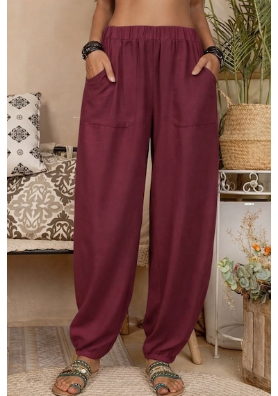 Emh Store Kadın Yüksek Bel Cep Detaylı Pantolon Bordo