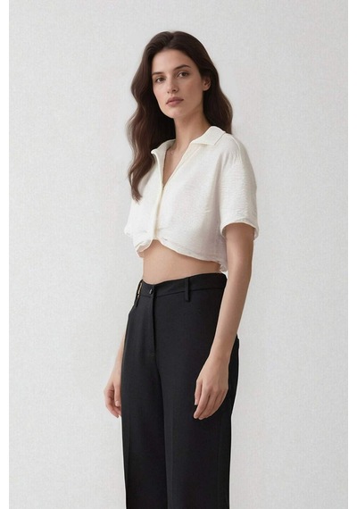 Defacto Cropped Fit Gömlek Yaka Keten Görünümlü Kısa Kollu Bluz C7799ax25spwt32 Beyaz