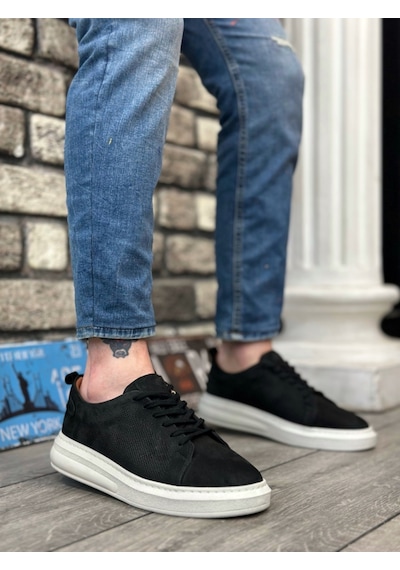 Ba0336 İçi Dışı Hakiki Nubuk Deri Siyah Bağcıklı Sneaker Erkek Ayakkabı 001