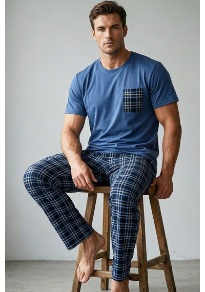 Siyah İnci Cep Nakışlı Örme Kısa Kollu Pijama Takım 8000 İndigo