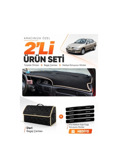 E-biz Renault Megane 1 1995-2003 Uyumlu Torpido Örtüsü + Deri Bagaj Çantası - Siyah-bej - Re038