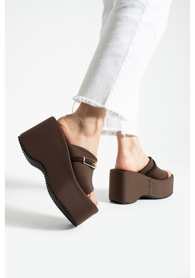 Dabab Shoes Lunara Kadın Acı Kahve 10 Cm Platform Topuk Tokalı Kalın Taban Terlik Sandalet Acı Kahverengi