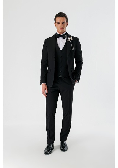 İmza Siyah Çıkarılabilir Şal Yaka Yelekli Likralı 6 Drop Slim Fit Smokin Damatlık 1001240202-Siyah İmza Siyah Çıkarılabilir Şal Yaka Yelekli Likralı 6 Drop Slim Fit Smokin Damatlık 1001240202-Siyah