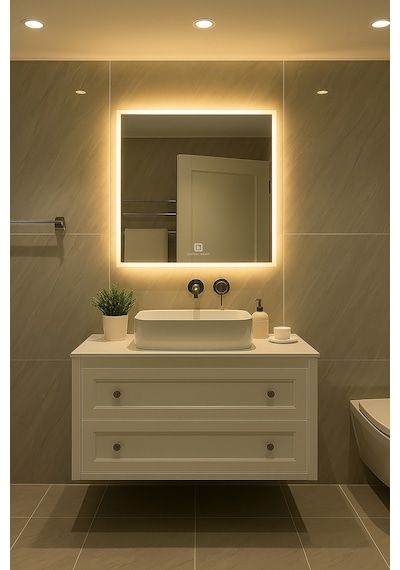 Digital Hayat Dokunmatik Dimlenebilir Gün Işığı Led Kare Ayna Dekoratif Banyo Makyaj Aynası Naturel