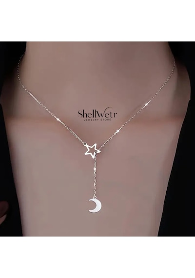Selene 925 Ayar Gümüş Zincir Kolye Yıldız Ay Sallantılı Kadın Kolye Gümüş