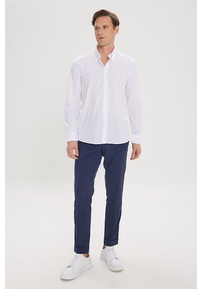 AC&Co / Altınyıldız Classics Erkek BEYAZ Slim Fit Dar Kesim Düğmeli Yaka %100 Pamuk Oxford Gömlek Beyaz