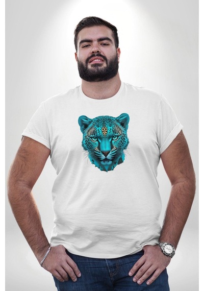 Angemiel Yeşil Leopar Kafası Beyaz Büyük Beden Kadın Erkek Ünisex Basic Ön Baskılı Tişört Beyaz