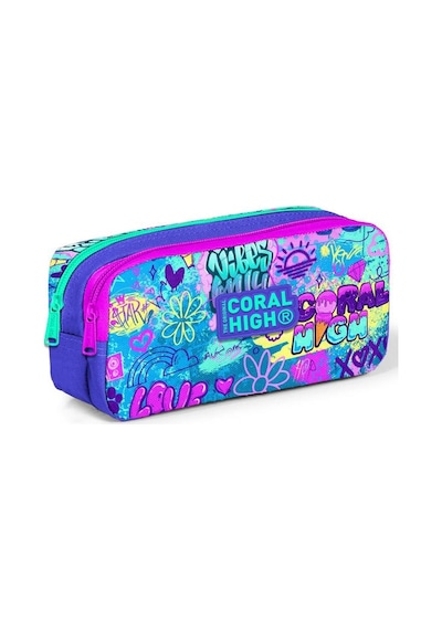Coral High Kids Lavanta Su Yeşili Grafiti Desenli İki Bölmeli Kalem Çantası 22160 Çok Renkli