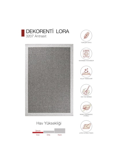 Hoom Rugs Lora 3207 Antrasit Çerçeveli Çizgili Pamuk Taban Hav Toz Vermez Sisal Halı