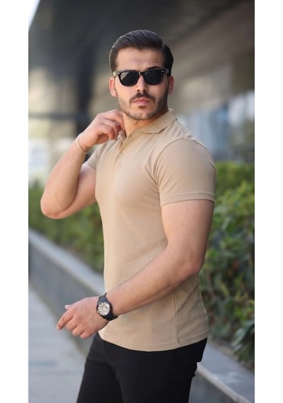 Defymoda Erkek Kısa Kollu Yakalı Tişört Bej