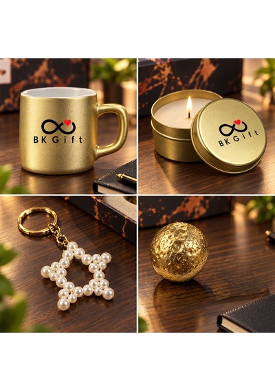 Logonuza Özel 10'lu Gold Fincan & Mum & Mdf Altlık & Gold Dekor & Anahtarlık - Gold Kurumsal Hediye Seti