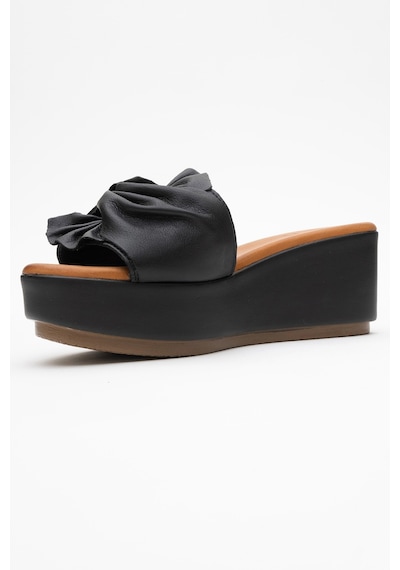 Luvishoes Luvi Shoes Jeff Siyah Cilt Hakiki Deri Fiyonklu Kadın Dolgu Topuklu Terlik Siyah