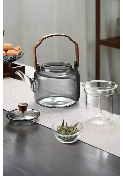 Ahşap Saplı Füme Cam Demlik Borosilikat Isıya Dayanıklı Cam Çaydanlık 1200 Ml Füme