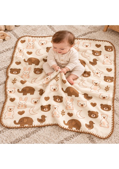 Kahve Krem Figürlü Çoban Dikişli %100 Polar Bebek Battaniyesi 80x100 CM Oeko-tex Kahverengi - Krem