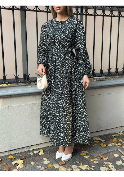 Defymoda Kadın Uzun Kollu Bisiklet Yaka Papatya Desen Kuşak Dahil Maxi Boy Elbise Siyah