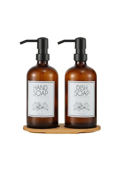 Lozione 2 Li Mutfak Sıvı Sabunluk Seti - Bambu Stantlı Sıvı Sabunluk Takımı - 2x500 Ml, Siyah Amber Amber