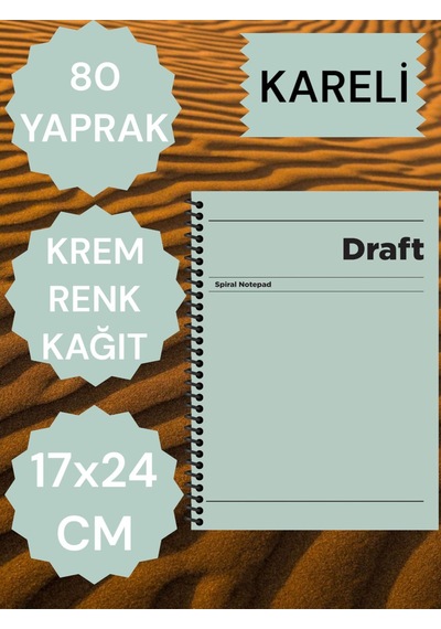 Kareli 17x24 Cm Sert Kapak Not Defteri Krem Renk Kağıt 80 Yaprak Yeşil