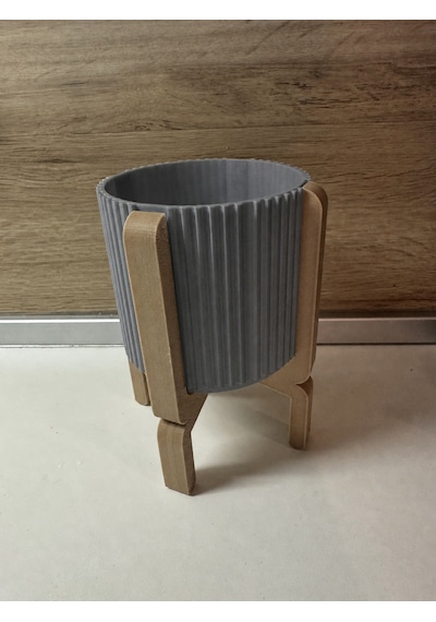 3d Baskı Ayaklı Çizgili Saksı - Bej Standlı Dekoratif Saksı - Gri