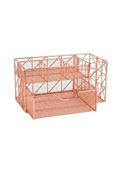 Rose Gold Metal Mesh Masaüstü Organizer Çekmeceli Çok Bölmeli 21.8x11.5x11 Cm 9510 Genel