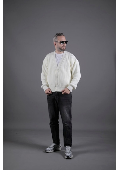Dokulu Oversize Erkek Kalın Hırka Bej
