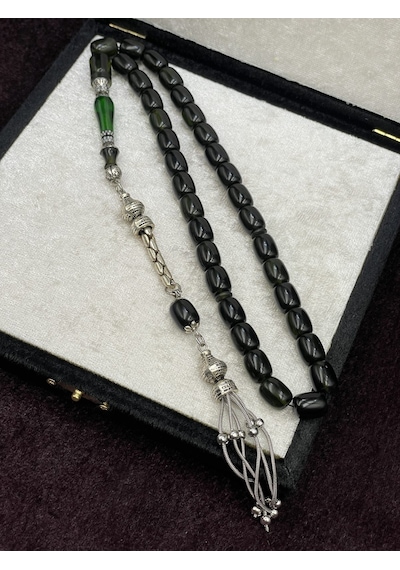 Alpaka Nakkaş İmameli Zümrüt Yeşili Sıkma Kehribar Tesbih 9x11 Mm Yeşil