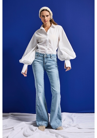 it's basic Kadın Ice 4s6-3 Swl Mid Rise Flare Fit Kemer Detaylı Esnek Kumaş Denim Jean Buz Mavi