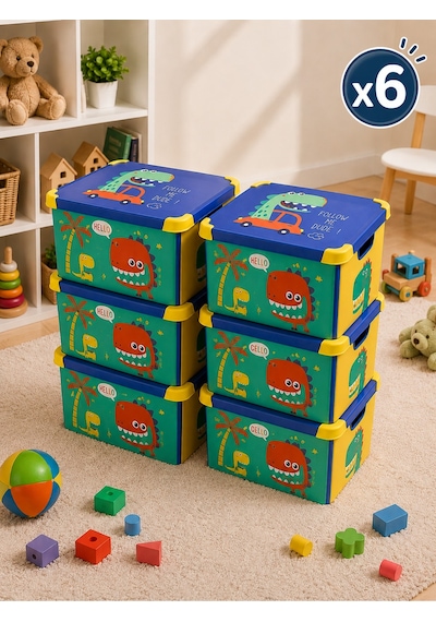 Style Box Dude Dekoratif Oyuncak Kutu Seti - 6x 20 Litre Gri Çok Renkli