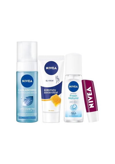 Kadın Pump Deodorant Fresh Natural 75ml, Canlandırıcı Yüz Temizleme Köpüğü 150ml, Koruyucu Balmumu El Kremi 75ml, Böğürtlen Dudak Bakım Kremi