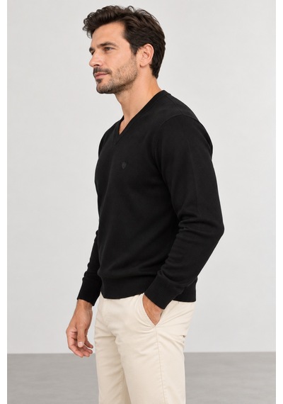 Sabri Özel Erkek V Yaka Triko Tek Plaka Basic Örgü Kazak Sm23wt2205.4002-siyah