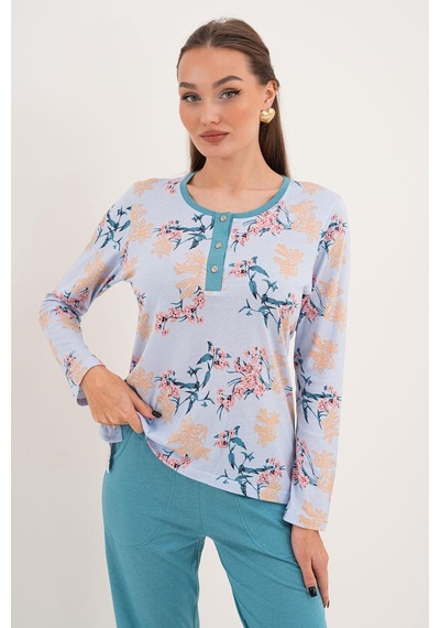 Çift Kaplan Kadın Pamuk Modal Çiçekli Patlı Mavi Pijama Takımı 7000 Mavi
