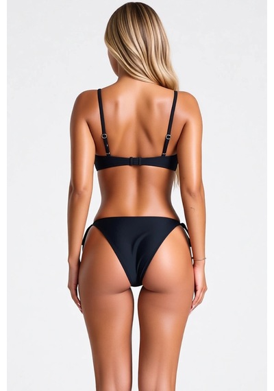 Benerly Kadın Bikini Takımı Straplez Kaplı Çiçek Aplikeli Normal Bel Bağc Siyah