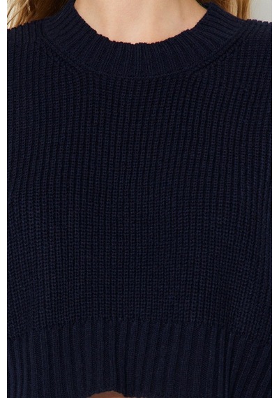 Ersefa Stil Modern Kadın Crop Standart Kol Bisiklet Yaka Triko Süveter Lacivert