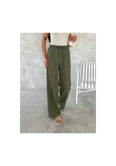 Gugus Trend Kadın Beli Lastikli Bol Paça Wide Lige Eskitme Keten Pantolon Haki