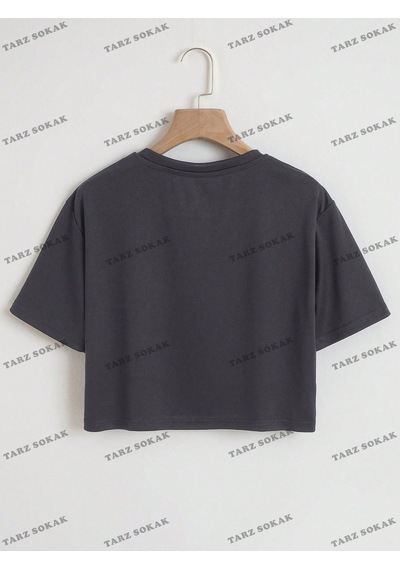 Flood Of Style Crop Ckod-232913 Harf Grafikli Kırpma Koyu Gri