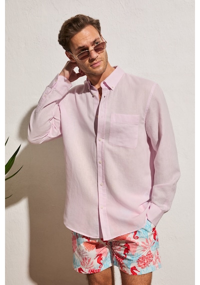 Grımelange Arles Erkek Keten Karışımlı Uzun Kollu Tek Cepli Regular Fit Pembe Gömlek