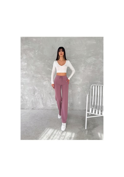 Winmoda34 Kadın Bol Paça Fitilli Pantolon Wide Leg Eşofman Altı Pembe