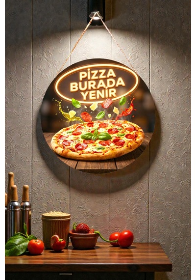 Pizza Burada Yenir İpli Mdf Ahşap Kapı Duvar Süsü, Cafe, Restoran, Salon Dekoratif Tablo
