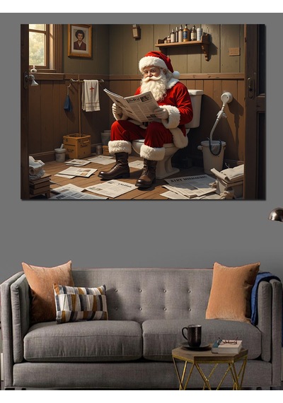 Tuvalette Oturan Noel Baba Dekoratif Kanvas - Mdf Ahşap Tablo