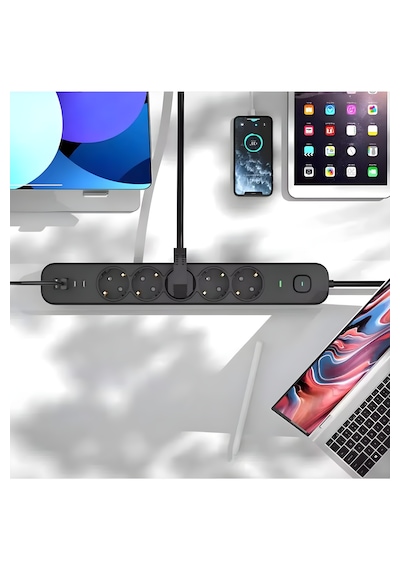 2 Mt Uzatma Kablosu Çoklu Priz Yüksek Gerilim Korumalı 5'li Priz 2x Usb 2x Type-c Çıkışlı Priz 2 M